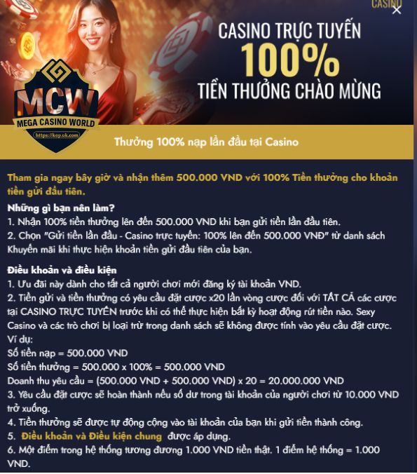 Casino Trực Tuyến – Thưởng 100% Nạp Đầu (Tối đa 500.000 VNĐ)
