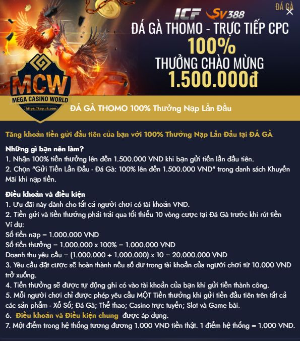 Đá Gà Thomo – Thưởng 100% Nạp Đầu (Tối đa 1.500.000 VNĐ)