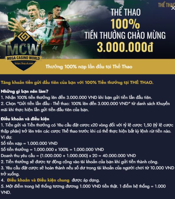 Thể Thao – Thưởng 100% Nạp Đầu (Tối đa 3.000.000 VNĐ)